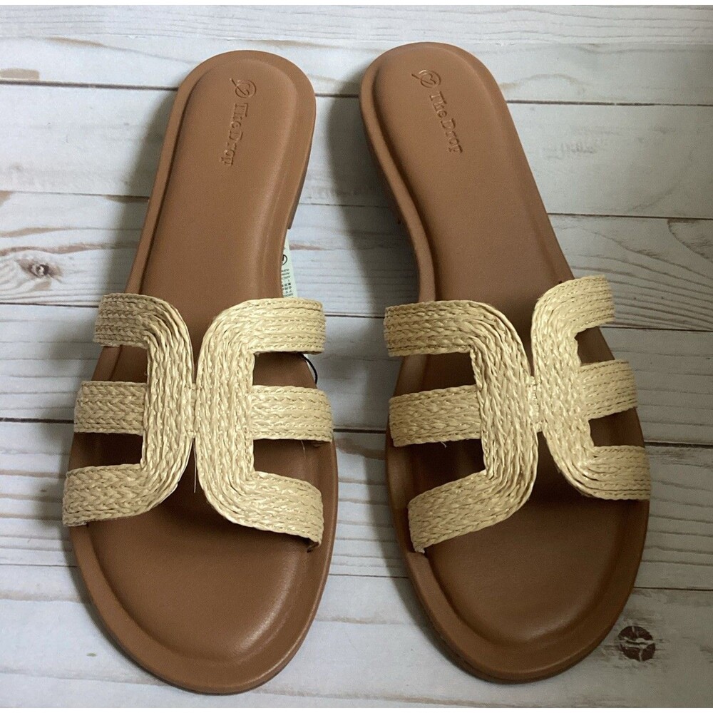 The Drop Monika Raffia Fashion Slip On Flat H-Band Slide Women’s Sandals Size 13